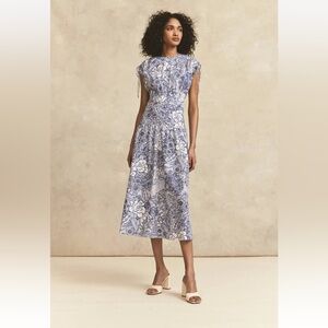 Pearl by Lela Rose Lapis Floral Voile Midi Dress Ruching Ties Preppy Tiered